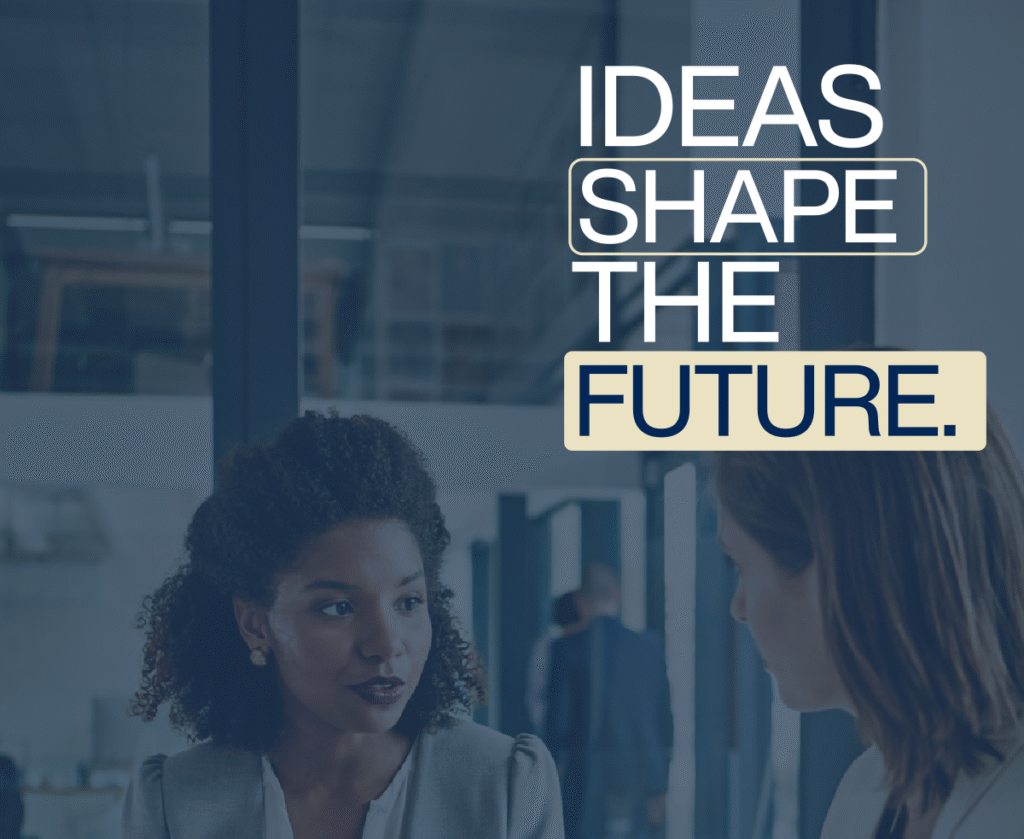 Consultoría estratégica en Stoa Global Consulting: dos profesionales colaborando en un entorno de oficina moderno con el lema Ideas shape the future.